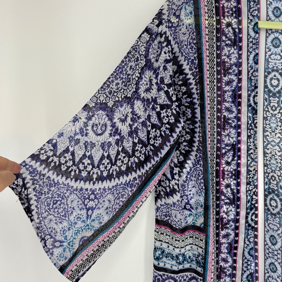 Express Womens Small Open Front Short Kimono Topper Pink Blue Geometric Floral - Picture 2 of 7